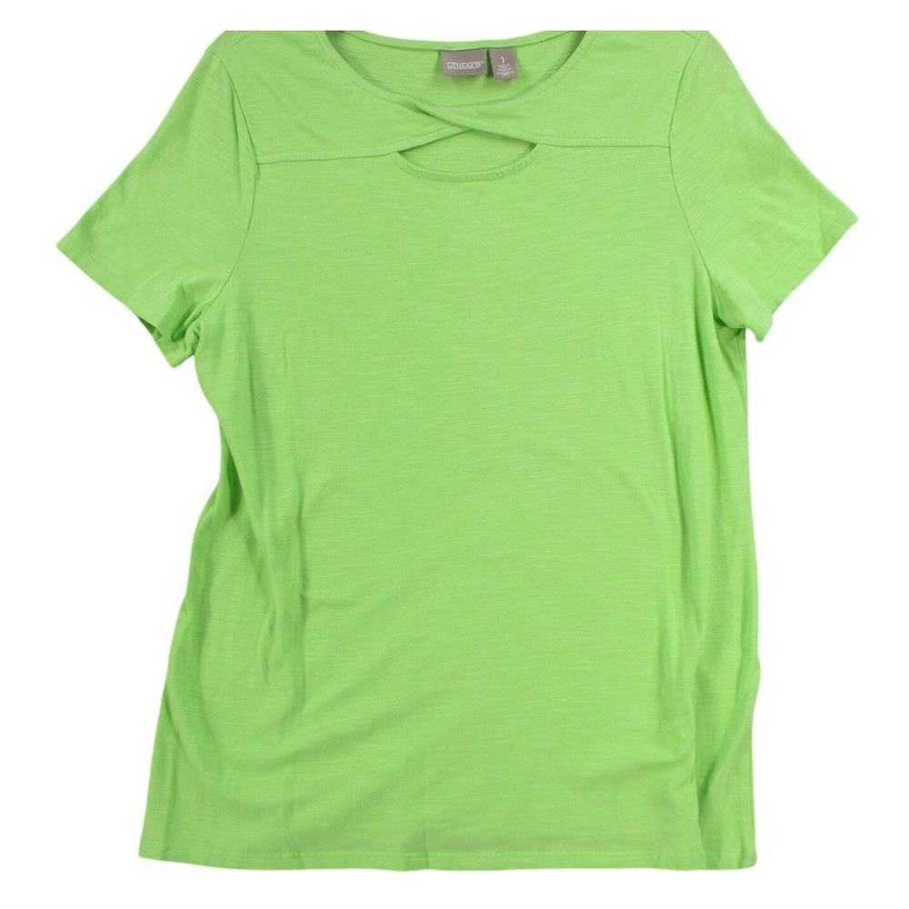 Chicos Womens Lime Green Criss Cross Keyhole Neck Short Sleeve Slub Tee Size 1‎